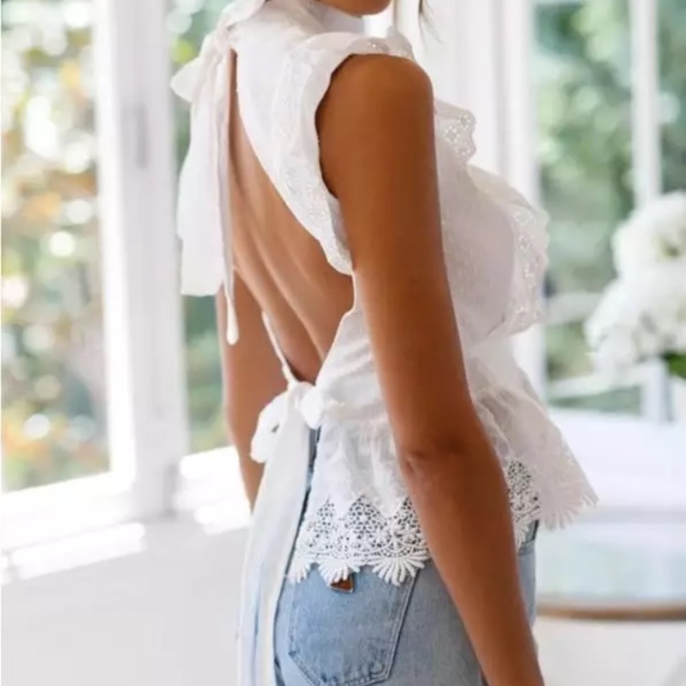 (Few left) Boho White lace backless sleeveless bow tie top - Picture 6 of 11